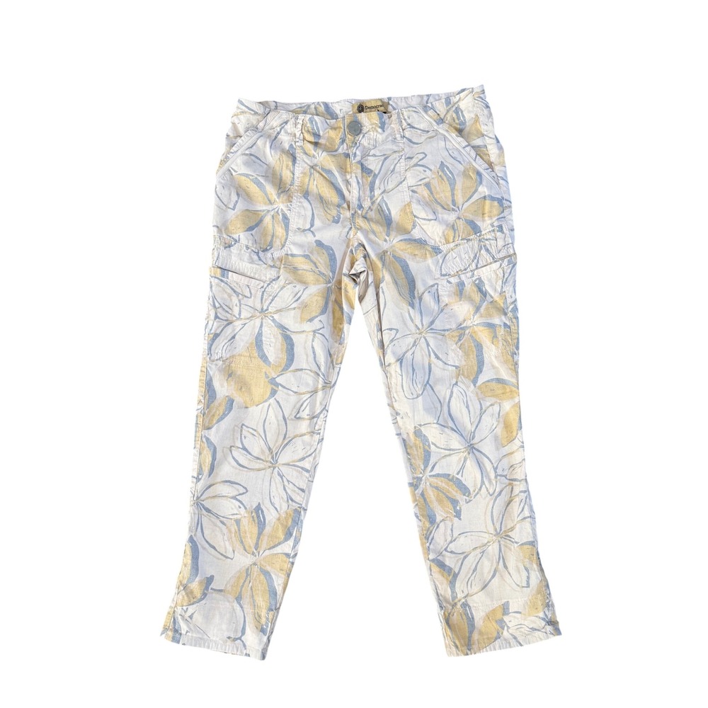 Democracy Flex-ellent Floral Utility Pants Yellow Blue White Size 12 Roll Tab